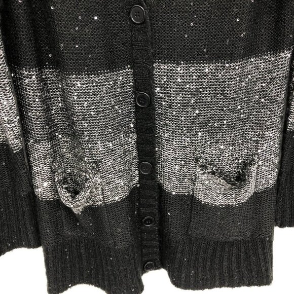 Questions brand Black & Grey Striped Sparkle Sequin Glitter Buttoned Cardigan XL - Picture 5 of 13